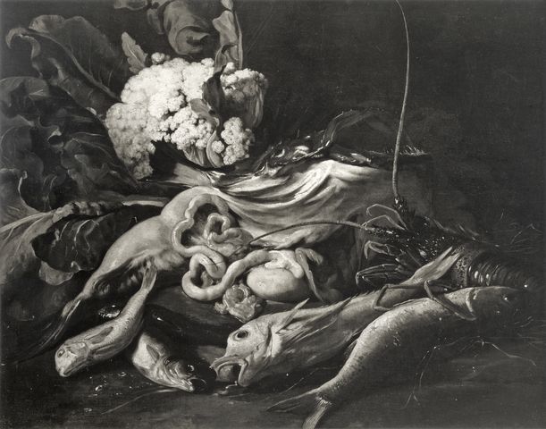 Anonimo — De Caro Marco (?) - sec. XVII - Natura morta con pesci, aragosta e cavolo — insieme